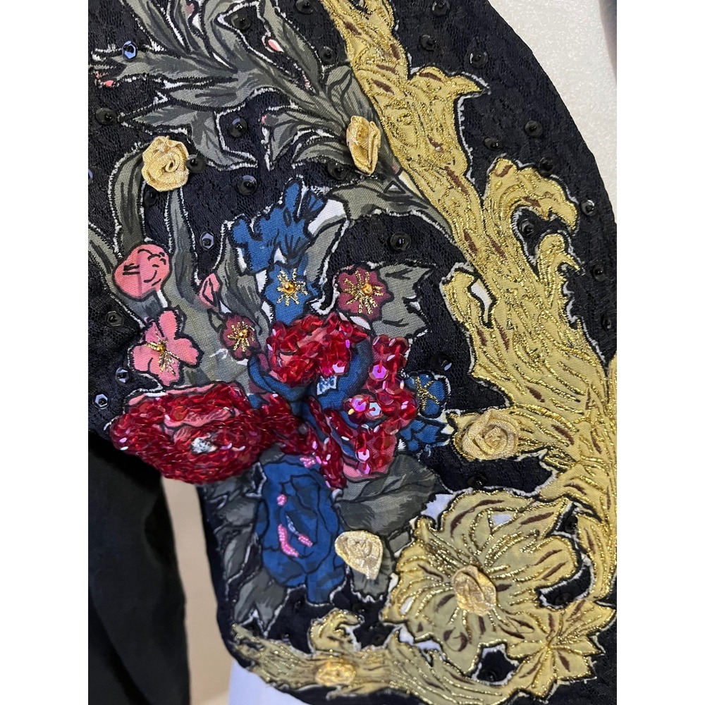 Vintage Jou Jou Black Cropped Jacket Floral Sequin Embroidered Bolero Medium - Picture 3 of 10